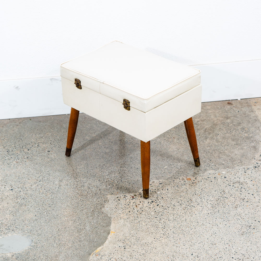 Mid Century Modern Sewing Chair Stool Storage Wood White Brown Vintage Rectangle - Image 4