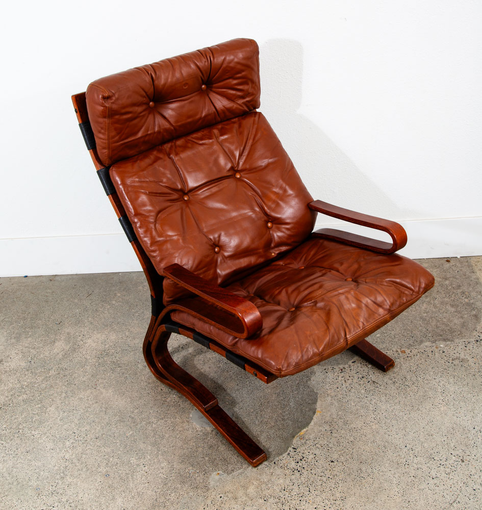 Mid Century Danish Modern Lounge Chair Brown Leather Bentwood Vintage Highback - Image 5