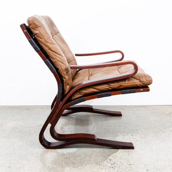 Mid Century Danish Modern Lounge Chairs Tan Leather Bentwood Set Pair Vintage - Image 7