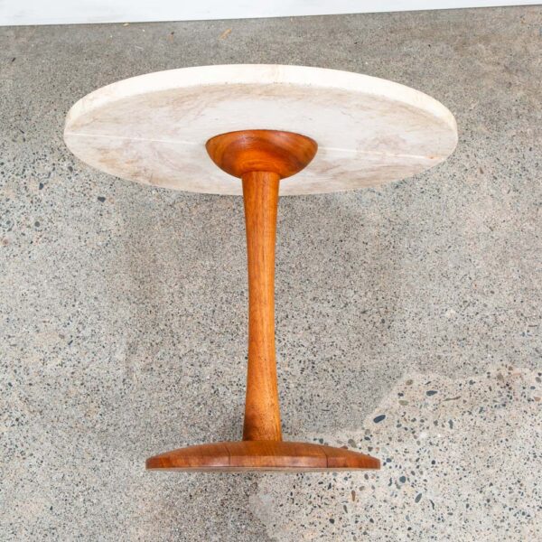 Mid Century Modern Side Table End Travertine Stone Walnut Base Round Nightstand - Image 3