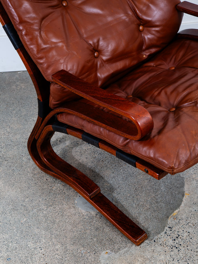 Mid Century Danish Modern Lounge Chair Brown Leather Bentwood Vintage Highback - Image 12