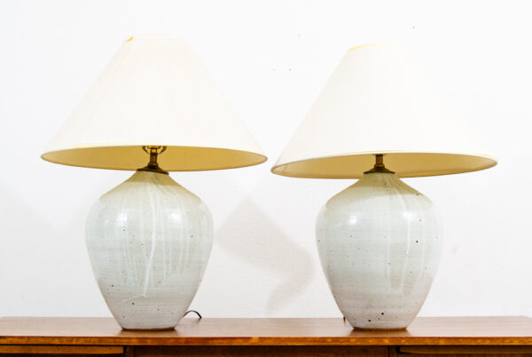 Mid Century Modern Table Lamp Set Pair Signed Ceramic White Pottery Round 1961 - Image 2