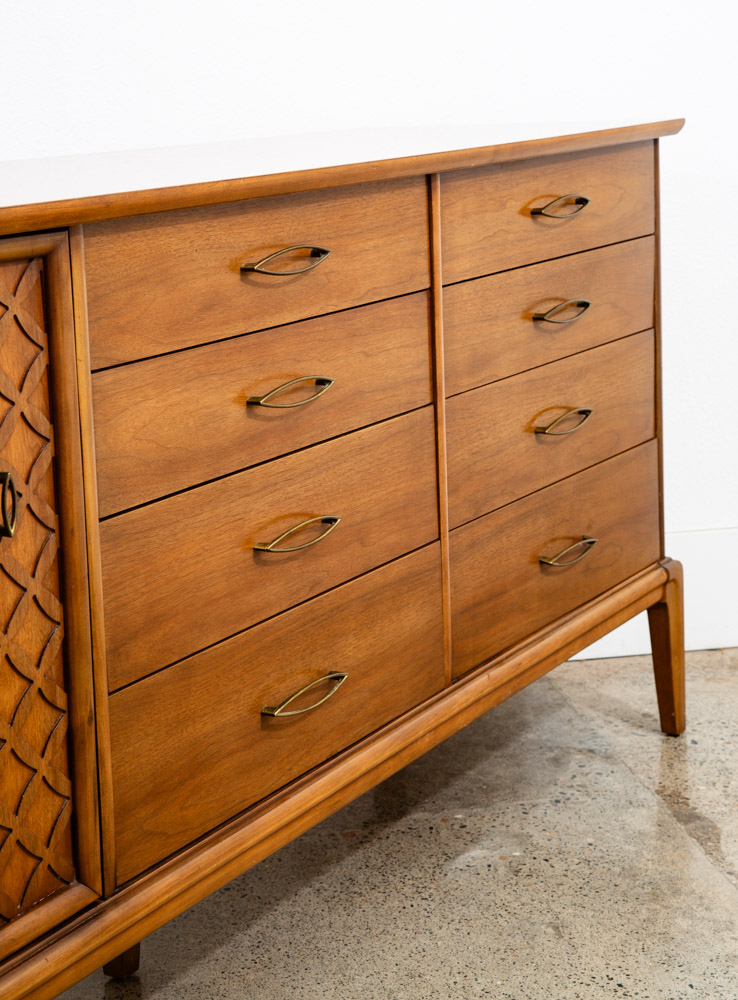 Mid Century Modern Credenza Dresser Walnut 12 Drawer Vintage Mcm Lattice Wood - Image 8