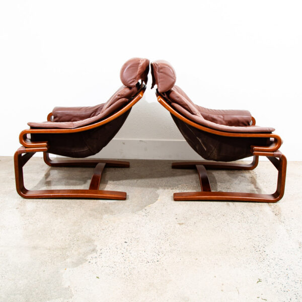 Mid Century Danish Modern Lounge Chairs Brown Leather Bentwood Set Pair Ottoman - Image 3