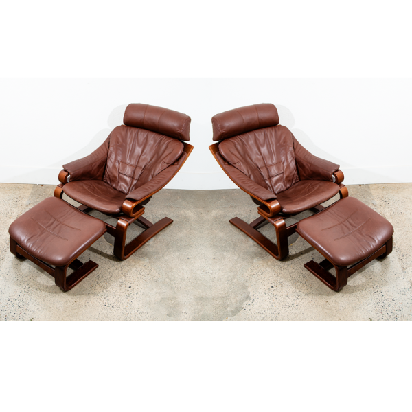 Mid Century Danish Modern Lounge Chairs Brown Leather Bentwood Set Pair Ottoman