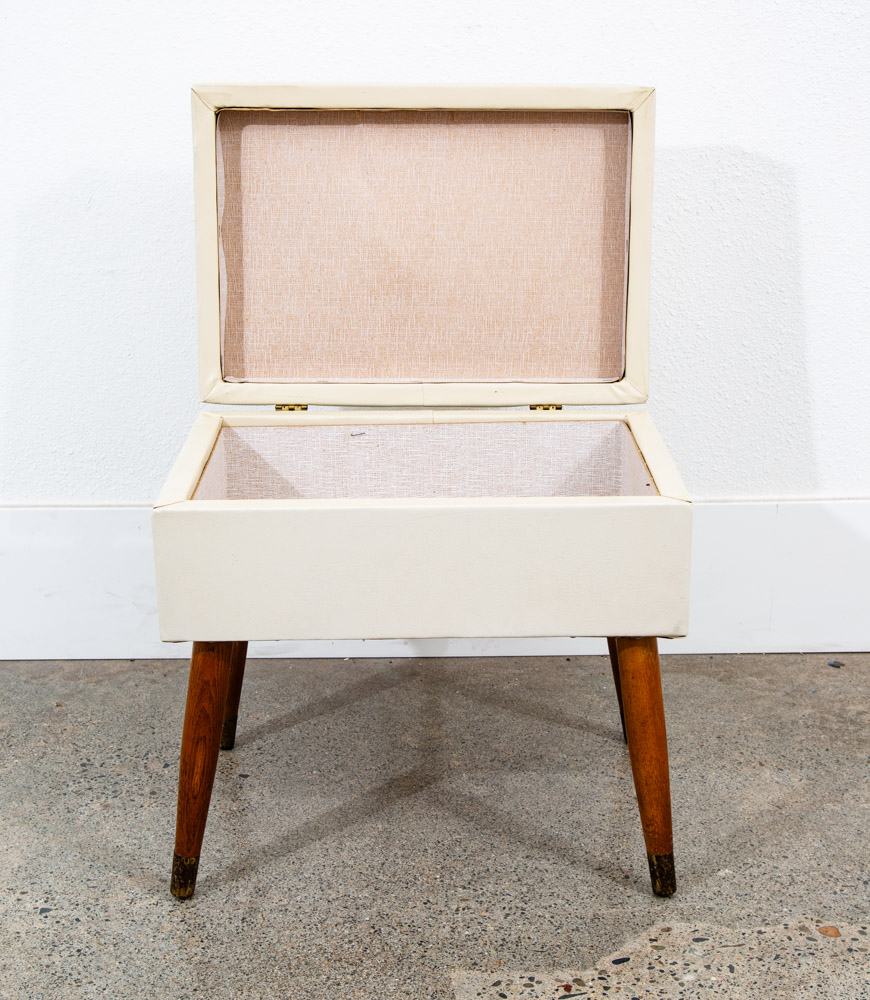 Mid Century Modern Sewing Chair Stool Storage Wood White Brown Vintage Rectangle - Image 9