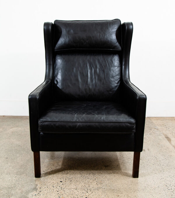 Mid Century Danish Modern Lounge Chair Stouby Leather Black Arm Denmark Wingback - Image 3