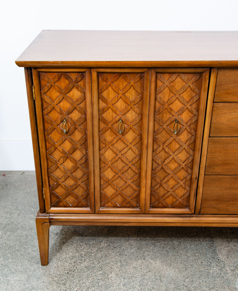 Mid Century Modern Credenza Dresser Walnut 12 Drawer Vintage Mcm Lattice Wood - Image 12