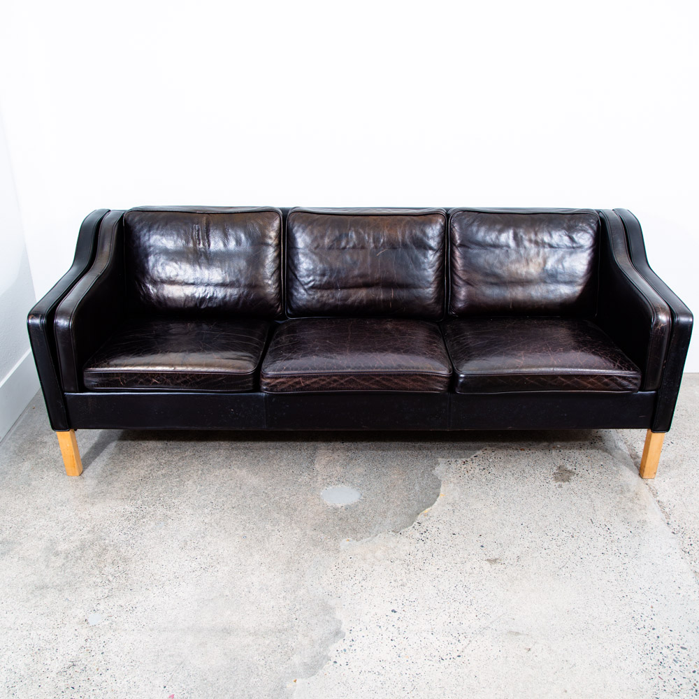 Mid Century Danish Modern Sofa Couch 3 Seater Denmark Leather Black Vintage Mcm - Image 2