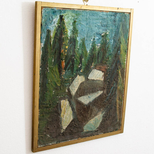 Mid Century Modern Acrylic Painting Original Art Abstract Landscape Trees Rocks - Image 3