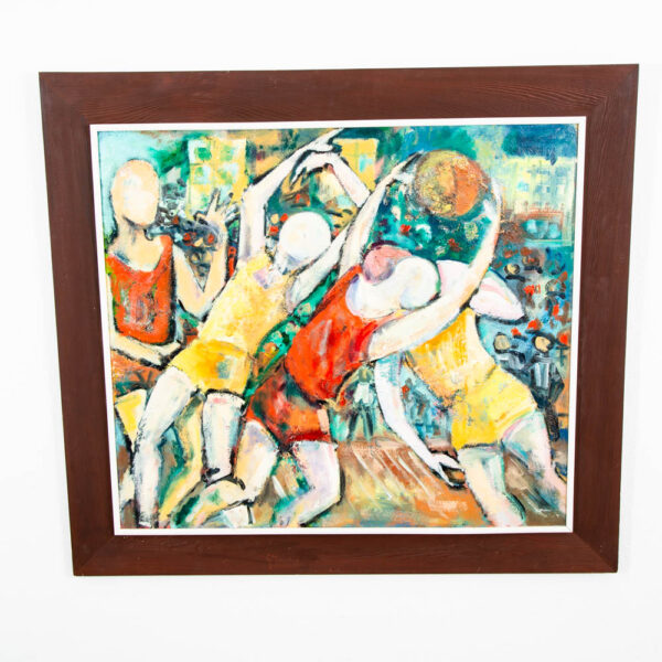 Mid Century Modern Original Art Painting Abstracted Figures Basketball Oil Mcm
