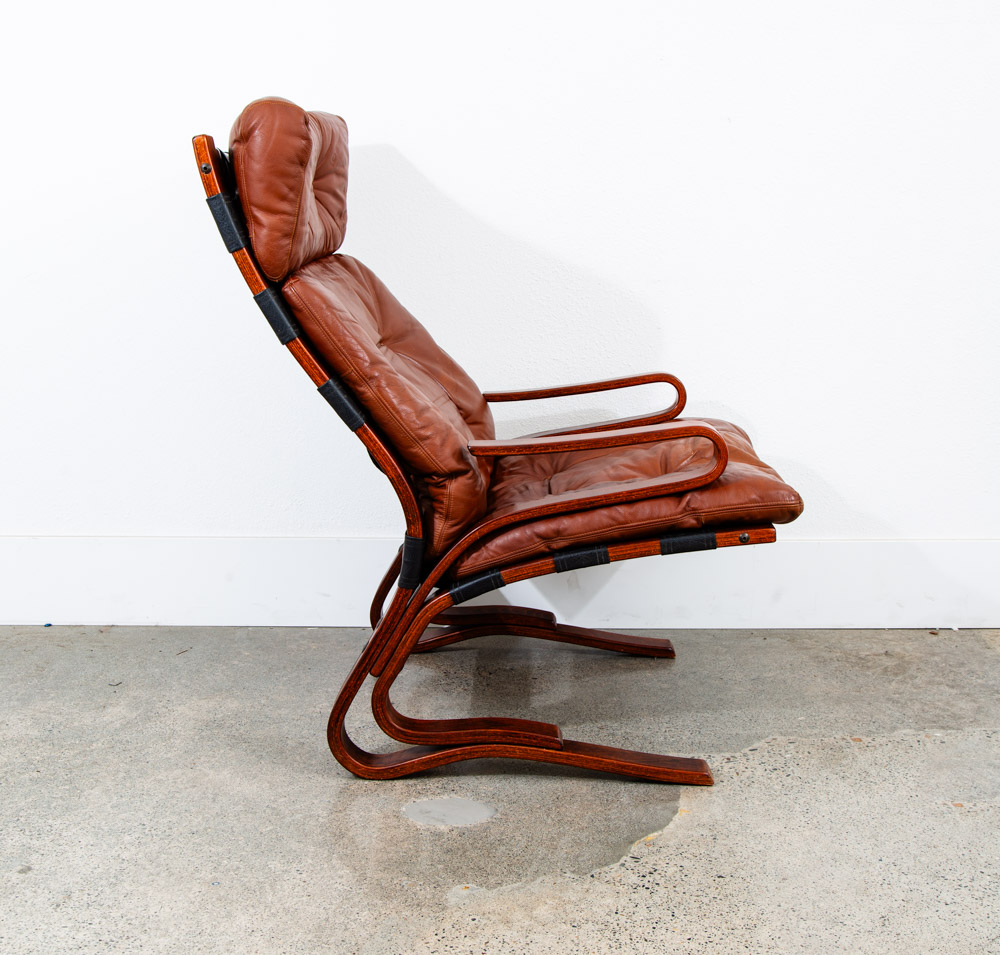 Mid Century Danish Modern Lounge Chair Brown Leather Bentwood Vintage Highback - Image 2