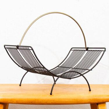 Mid Century Modern Magazine Kindling Rack Atomic Iron Black and Brass Metal Mcm