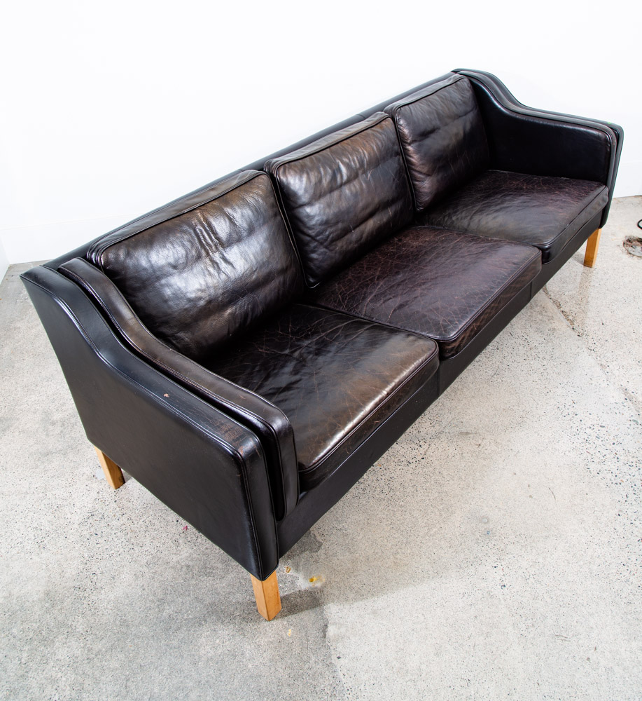 Mid Century Danish Modern Sofa Couch 3 Seater Denmark Leather Black Vintage Mcm - Image 4