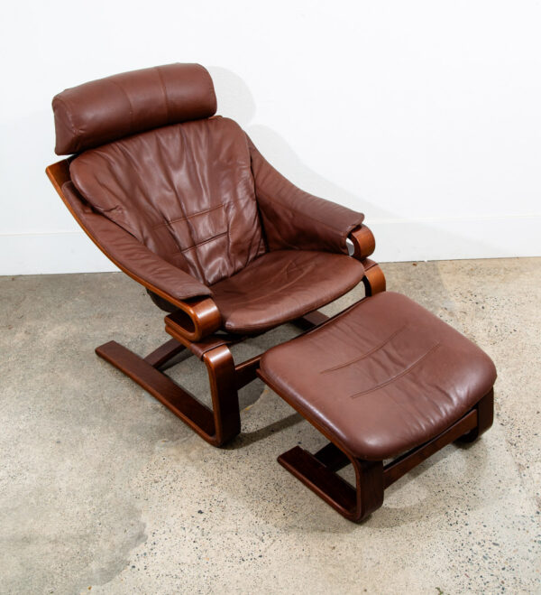 Mid Century Danish Modern Lounge Chairs Brown Leather Bentwood Set Pair Ottoman - Image 8