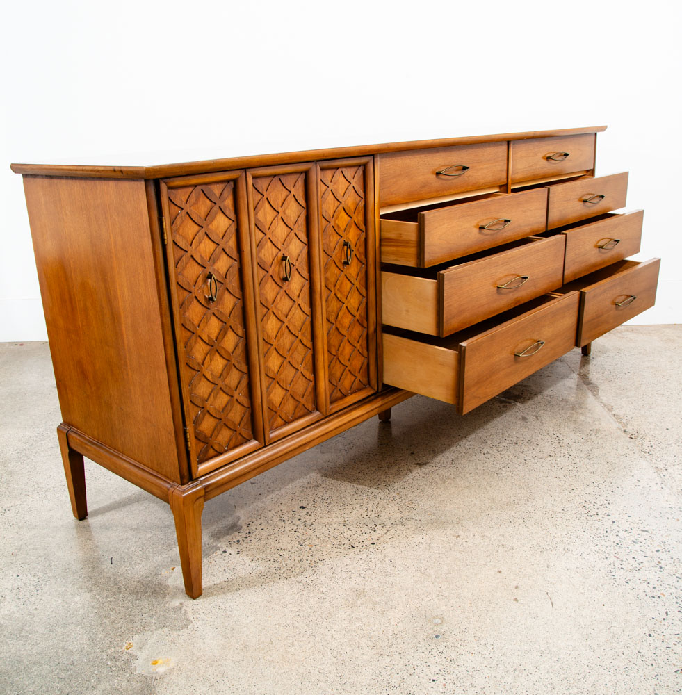 Mid Century Modern Credenza Dresser Walnut 12 Drawer Vintage Mcm Lattice Wood - Image 5