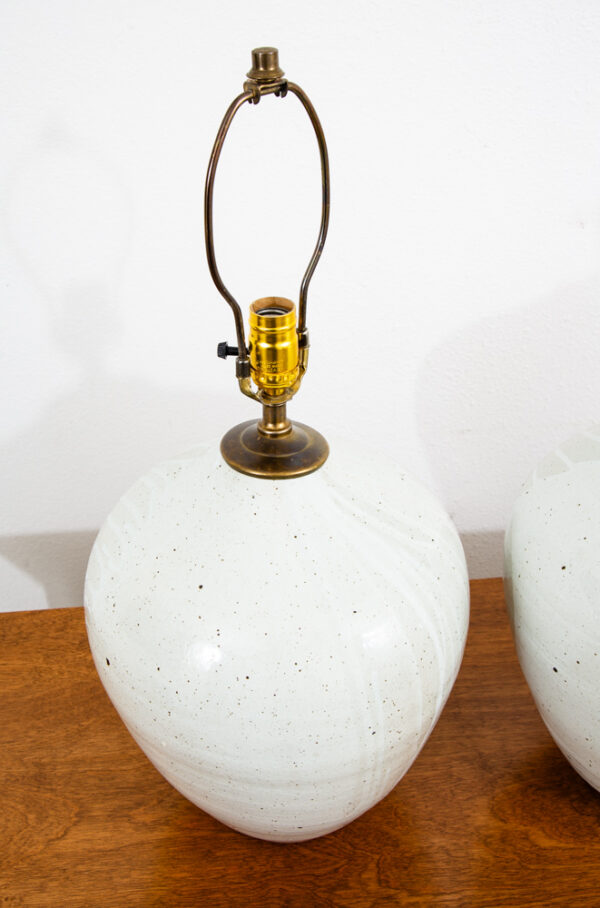 Mid Century Modern Table Lamp Set Pair Signed Ceramic White Pottery Round 1961 - Image 8