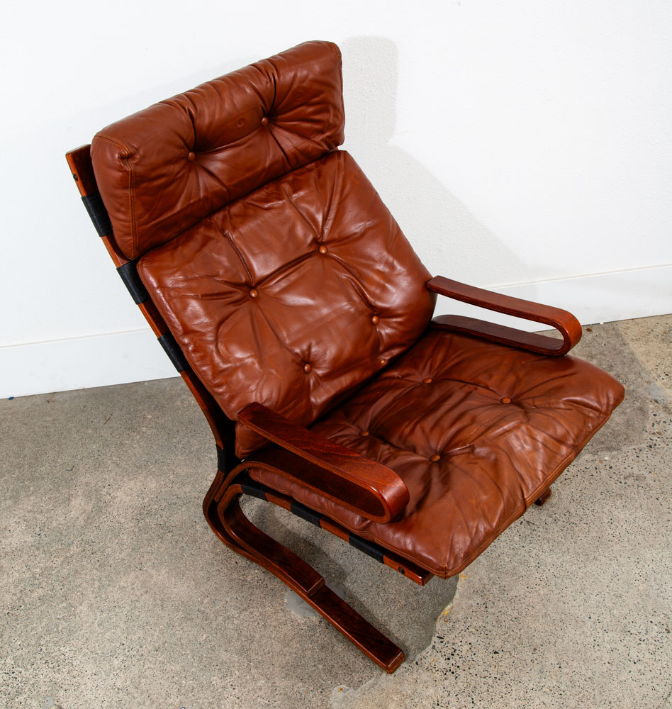Mid Century Danish Modern Lounge Chair Brown Leather Bentwood Vintage Highback - Image 6