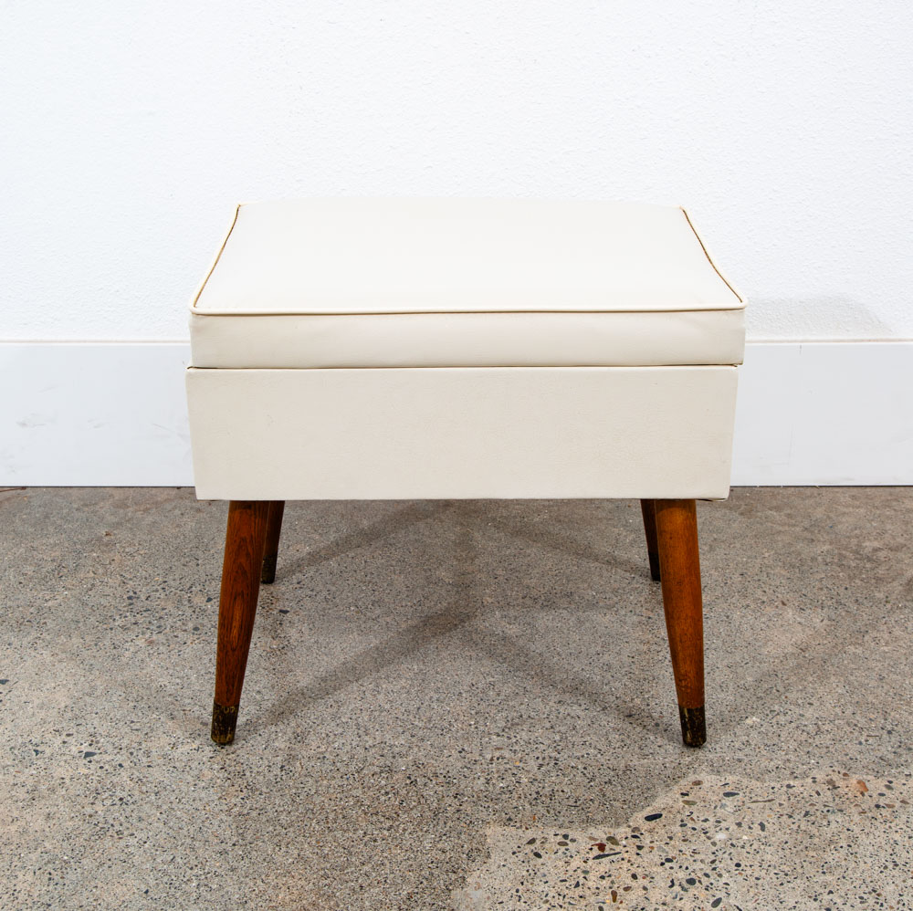 Mid Century Modern Sewing Chair Stool Storage Wood White Brown Vintage Rectangle - Image 2