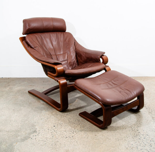 Mid Century Danish Modern Lounge Chairs Brown Leather Bentwood Set Pair Ottoman - Image 5