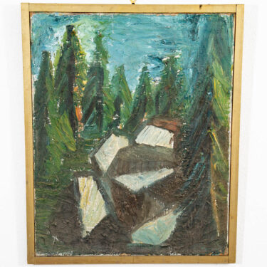 Mid Century Modern Acrylic Painting Original Art Abstract Landscape Trees Rocks