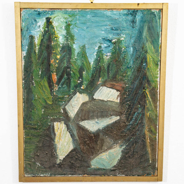 Mid Century Modern Acrylic Painting Original Art Abstract Landscape Trees Rocks