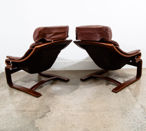 Mid Century Danish Modern Lounge Chairs Brown Leather Bentwood Set Pair Ottoman - Image 4