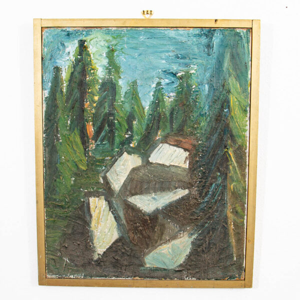 Mid Century Modern Acrylic Painting Original Art Abstract Landscape Trees Rocks - Image 6