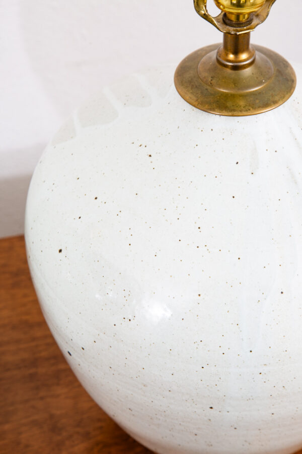 Mid Century Modern Table Lamp Set Pair Signed Ceramic White Pottery Round 1961 - Image 7