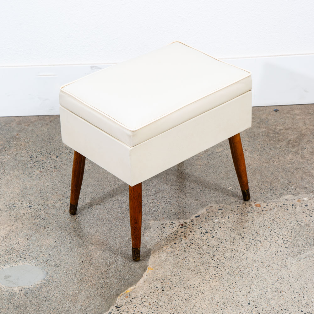 Mid Century Modern Sewing Chair Stool Storage Wood White Brown Vintage Rectangle