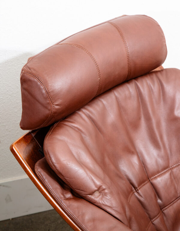 Mid Century Danish Modern Lounge Chairs Brown Leather Bentwood Set Pair Ottoman - Image 9