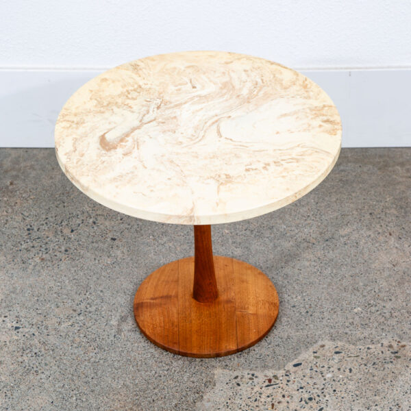 Mid Century Modern Side Table End Travertine Stone Walnut Base Round Nightstand - Image 4