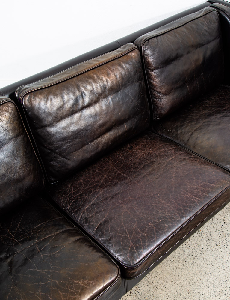 Mid Century Danish Modern Sofa Couch 3 Seater Denmark Leather Black Vintage Mcm - Image 7