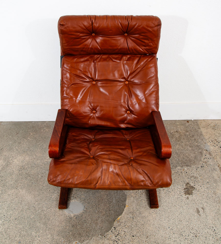 Mid Century Danish Modern Lounge Chair Brown Leather Bentwood Vintage Highback - Image 8