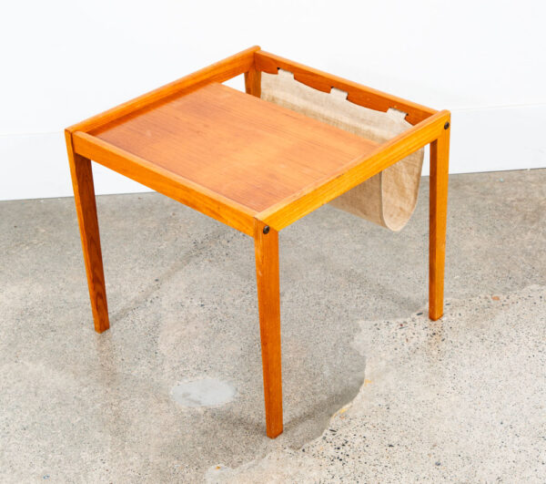 Mid Century Modern Magazine Rack Side Table Vintage Danish Canvas Sling Teak Mcm - Image 9