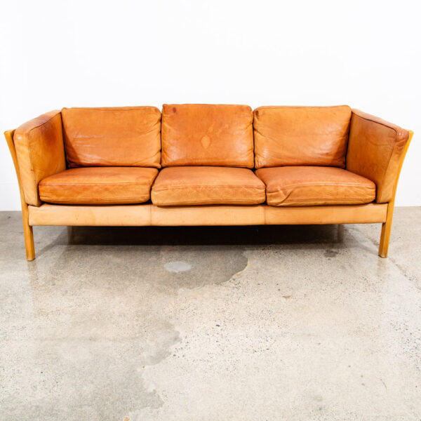 Mid Century Danish Modern Sofa Couch 3 Seater Stouby Leather Tan Denmark 76 in - Image 2