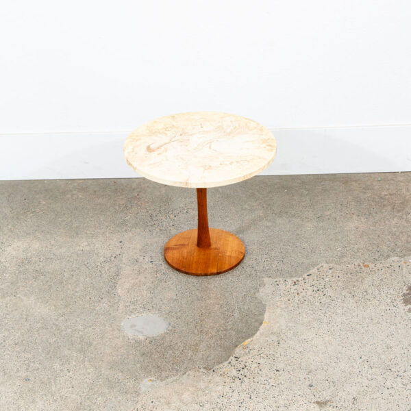 Mid Century Modern Side Table End Travertine Stone Walnut Base Round Nightstand - Image 5