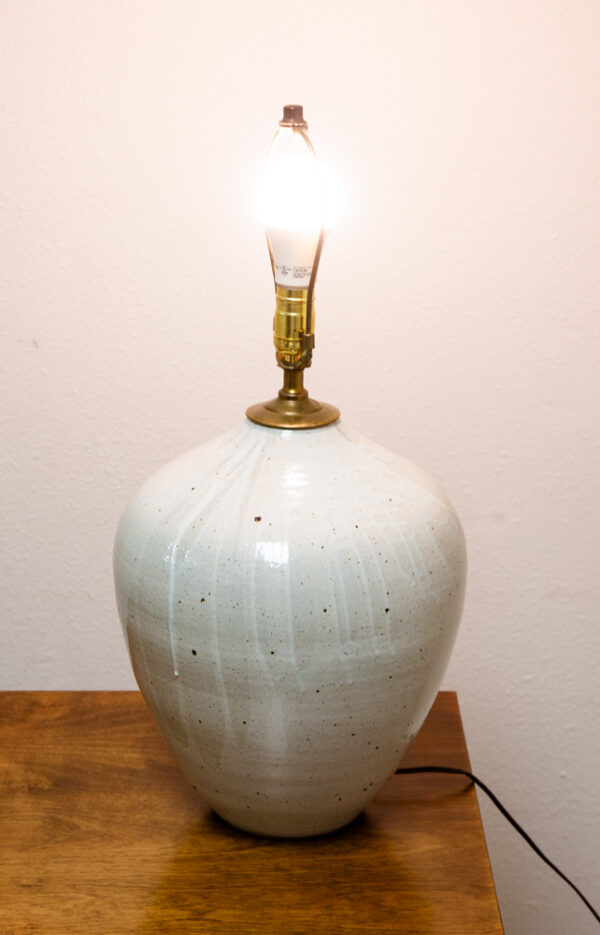 Mid Century Modern Table Lamp Set Pair Signed Ceramic White Pottery Round 1961 - Image 5