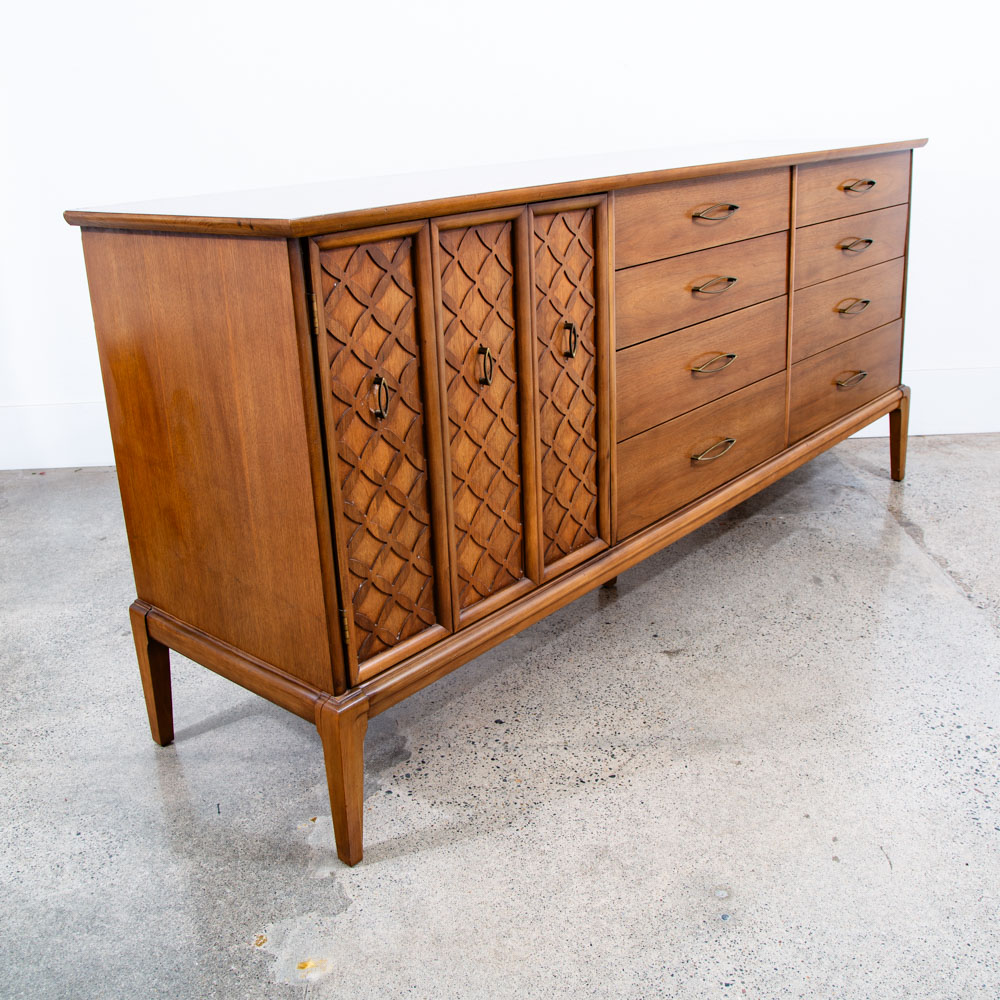 Mid Century Modern Credenza Dresser Walnut 12 Drawer Vintage Mcm Lattice Wood