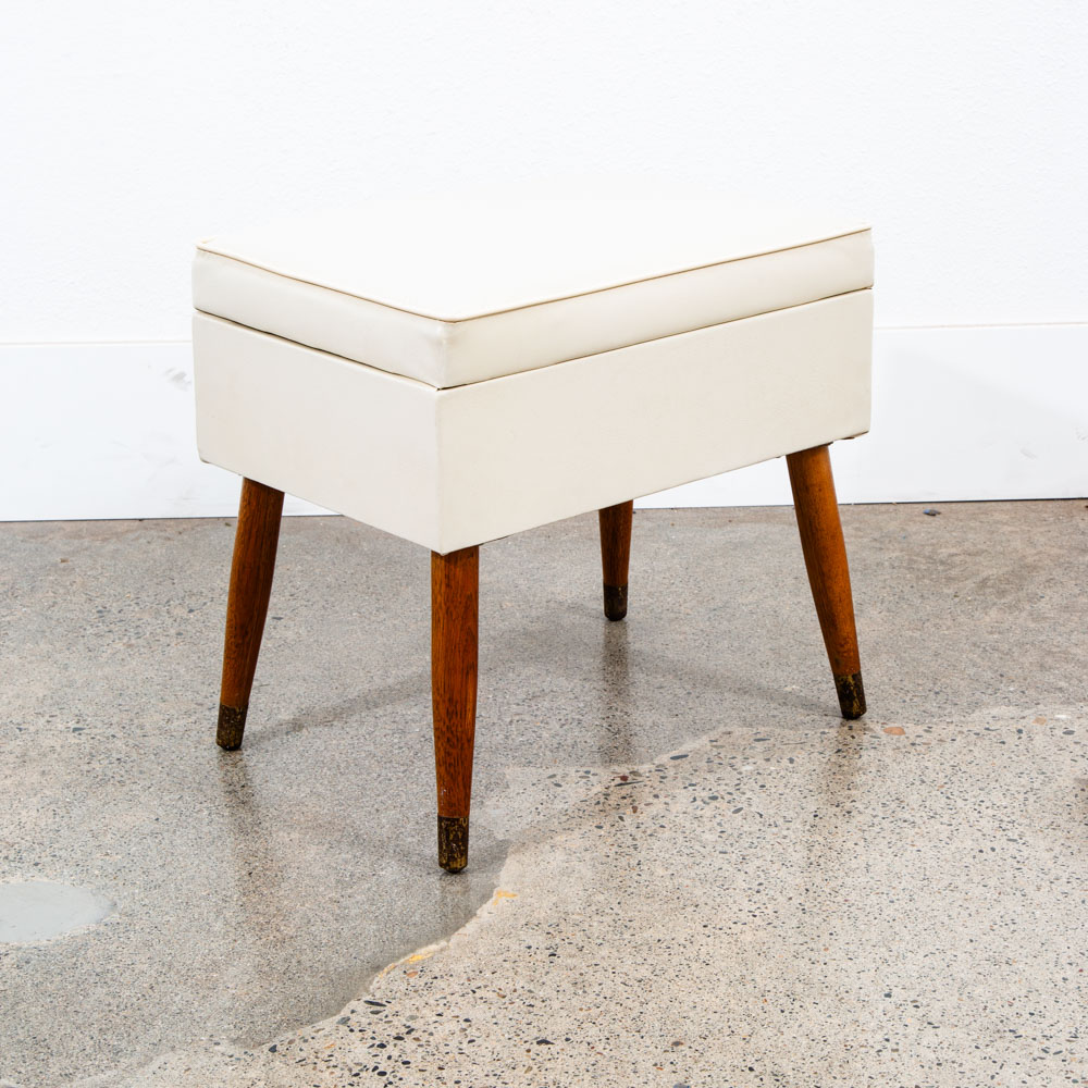 Mid Century Modern Sewing Chair Stool Storage Wood White Brown Vintage Rectangle - Image 10