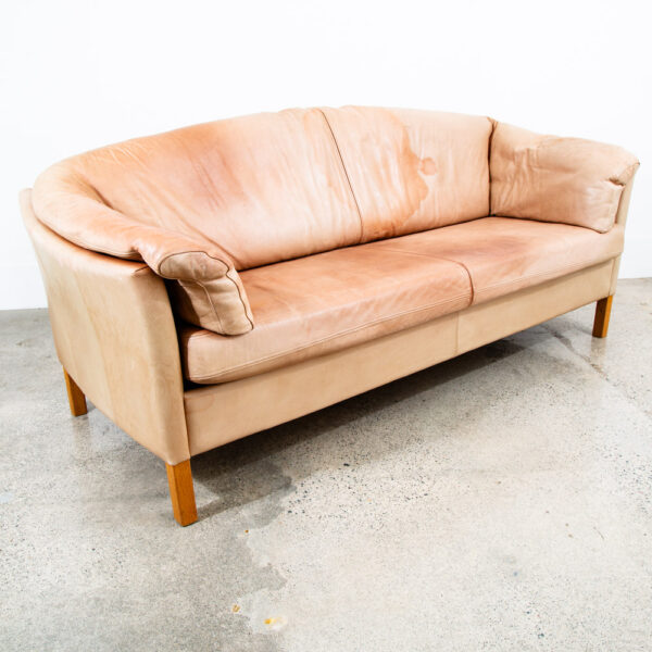 Mid Century Danish Modern Sofa 3 Seater Leather Natural Tan Oak Wood Vintage