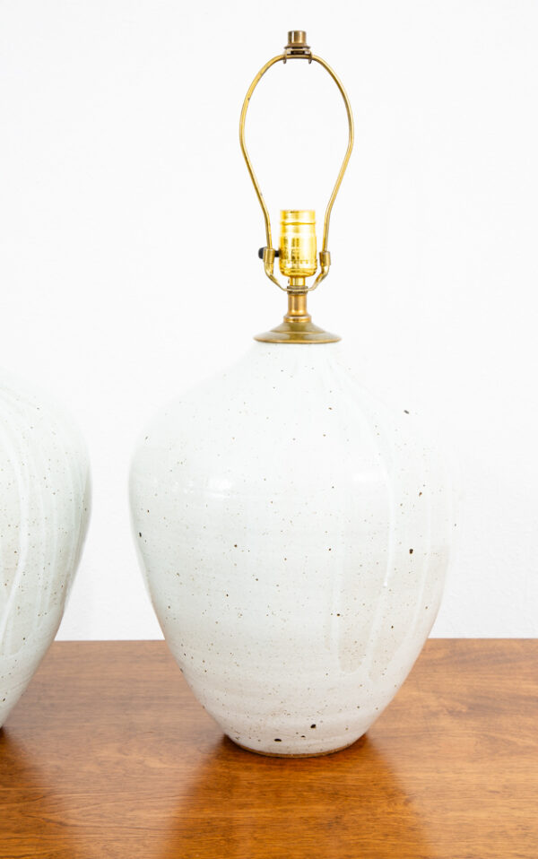 Mid Century Modern Table Lamp Set Pair Signed Ceramic White Pottery Round 1961 - Image 6