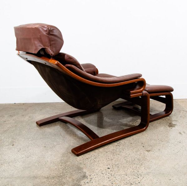 Mid Century Danish Modern Lounge Chairs Brown Leather Bentwood Set Pair Ottoman - Image 11