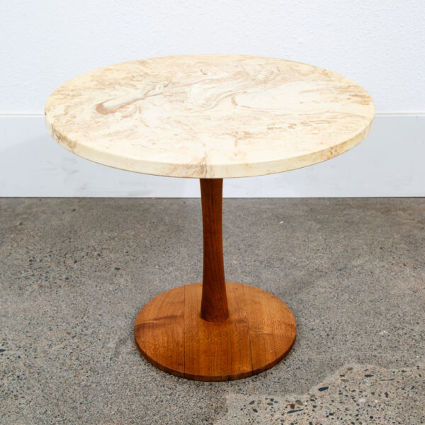 Mid Century Modern Side Table End Travertine Stone Walnut Base Round Nightstand