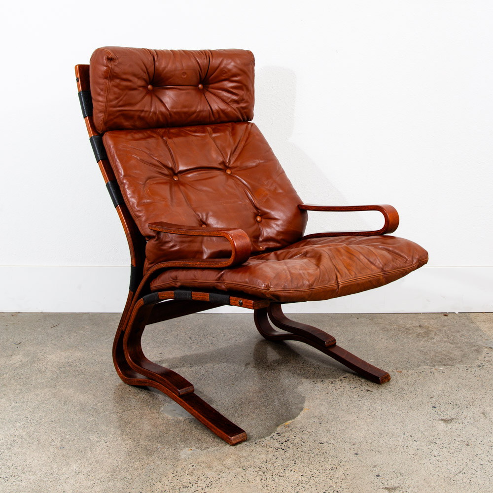Mid Century Danish Modern Lounge Chair Brown Leather Bentwood Vintage Highback