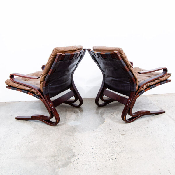 Mid Century Danish Modern Lounge Chairs Tan Leather Bentwood Set Pair Vintage - Image 5