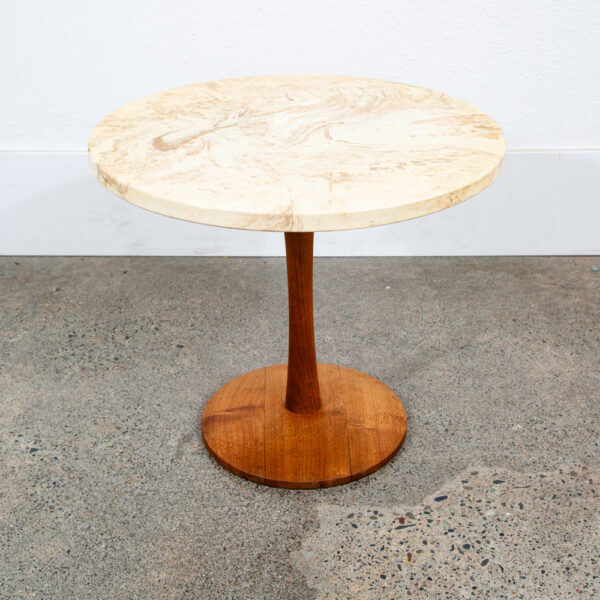 Mid Century Modern Side Table End Travertine Stone Walnut Base Round Nightstand - Image 7