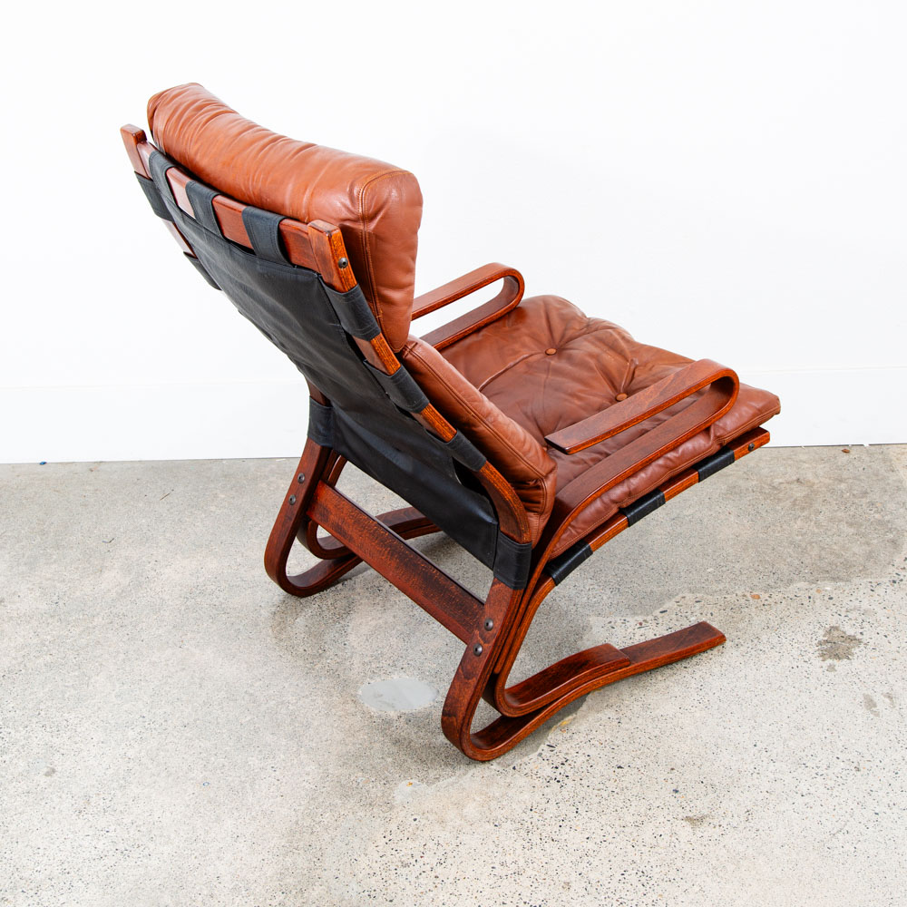 Mid Century Danish Modern Lounge Chair Brown Leather Bentwood Vintage Highback - Image 3