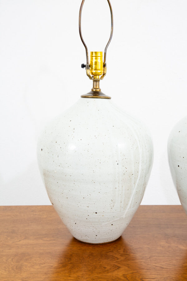 Mid Century Modern Table Lamp Set Pair Signed Ceramic White Pottery Round 1961 - Image 10