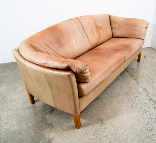 Mid Century Danish Modern Sofa 3 Seater Leather Natural Tan Oak Wood Vintage - Image 6
